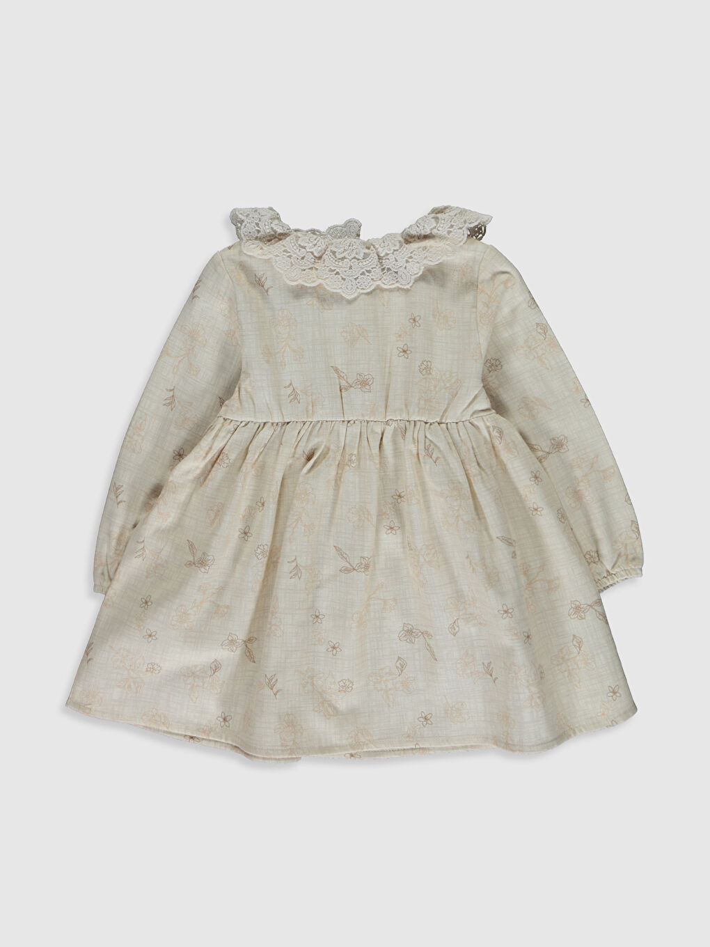 Ekru Bisiklet Yaka Uzun Kollu Kız Bebek Elbise-1