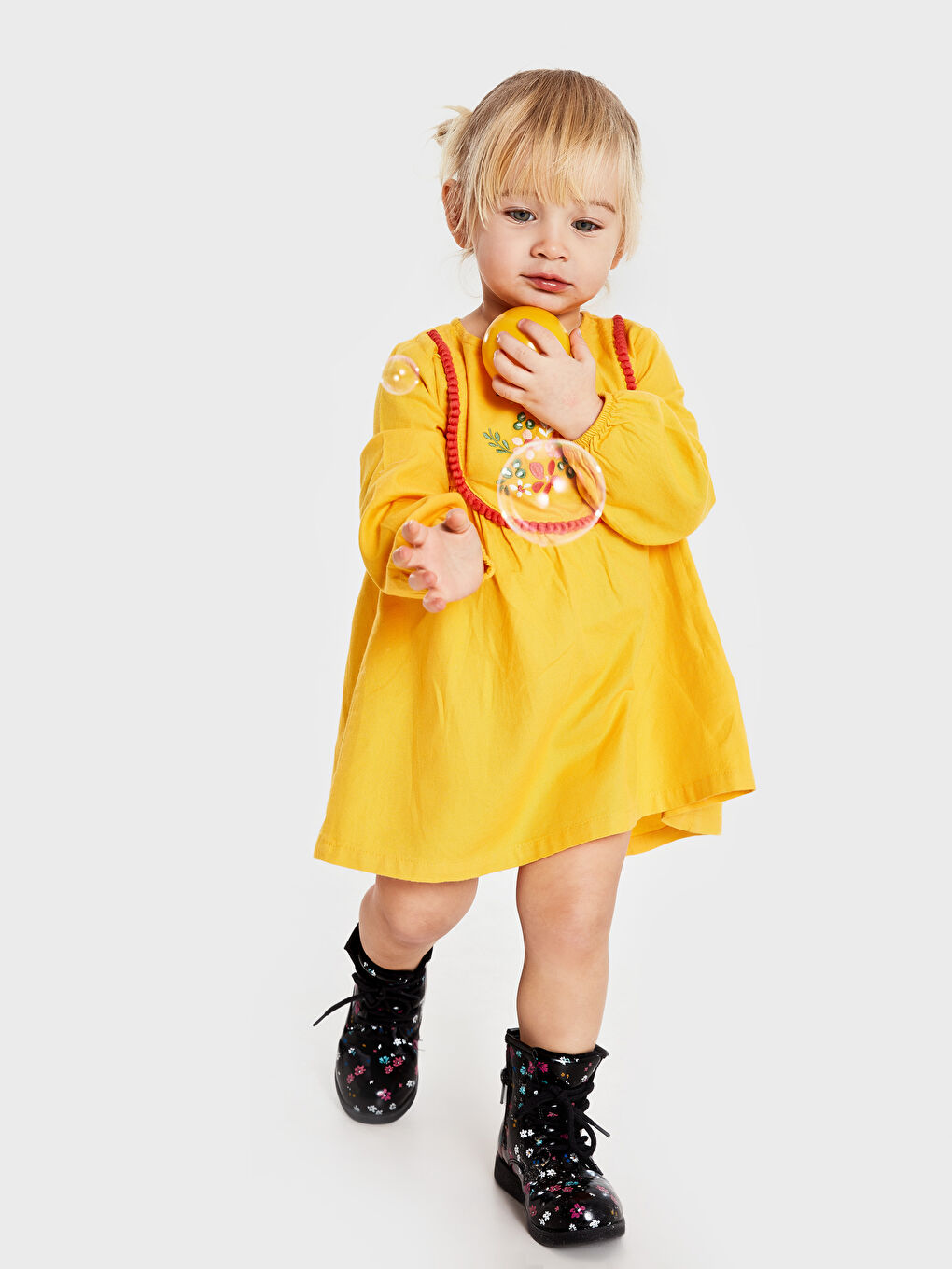 Turuncu Bisiklet Yaka Uzun Kollu Kız Bebek Elbise