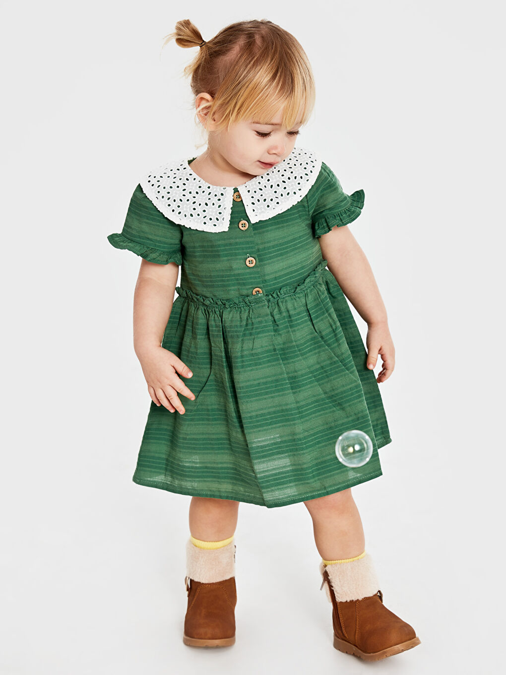 Yeşil Kısa Kollu Kız Bebek Elbise