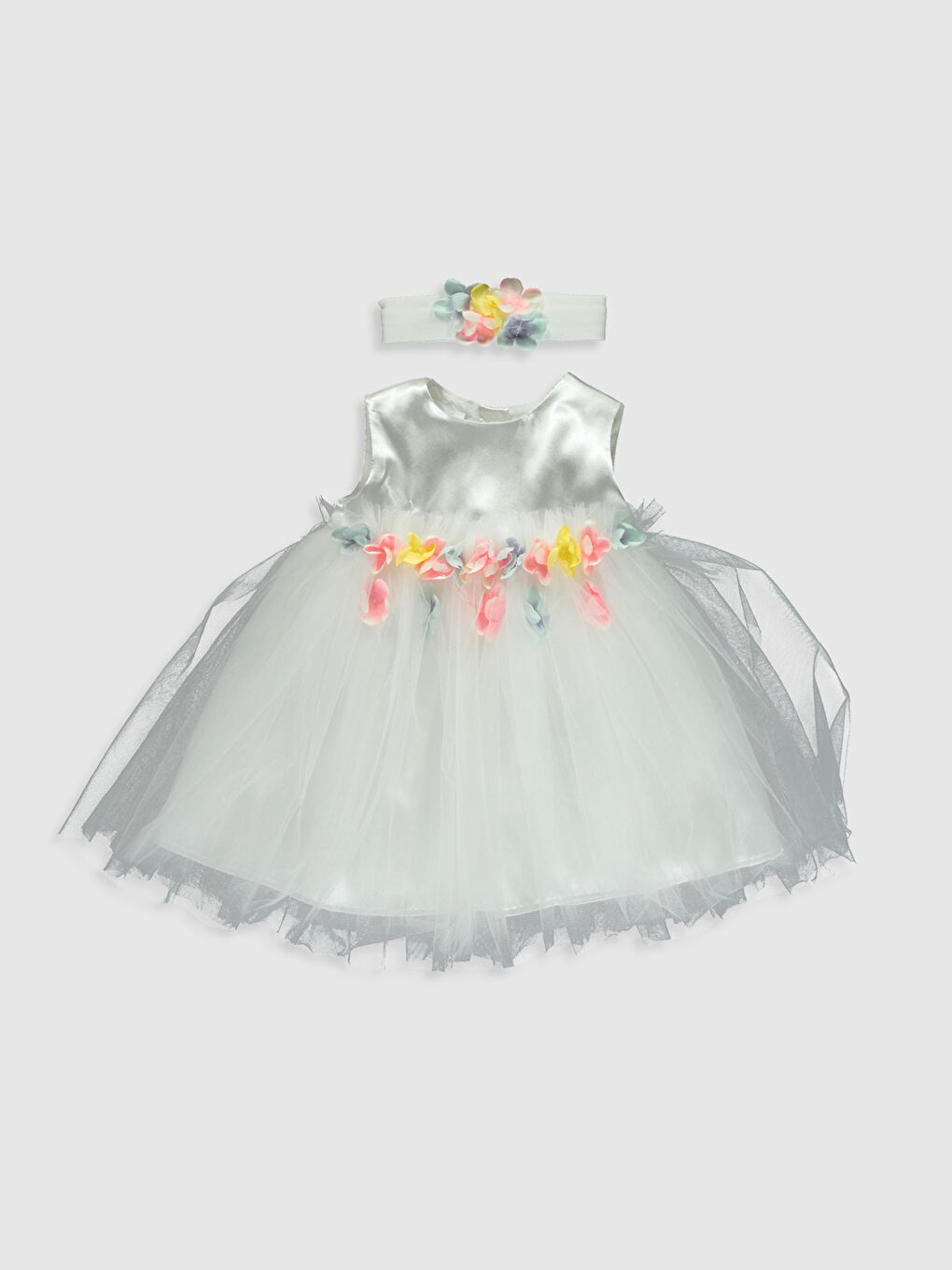 Beyaz Kız Bebek Tül Detaylı Abiye ve Saç Bandı 2'li Takım