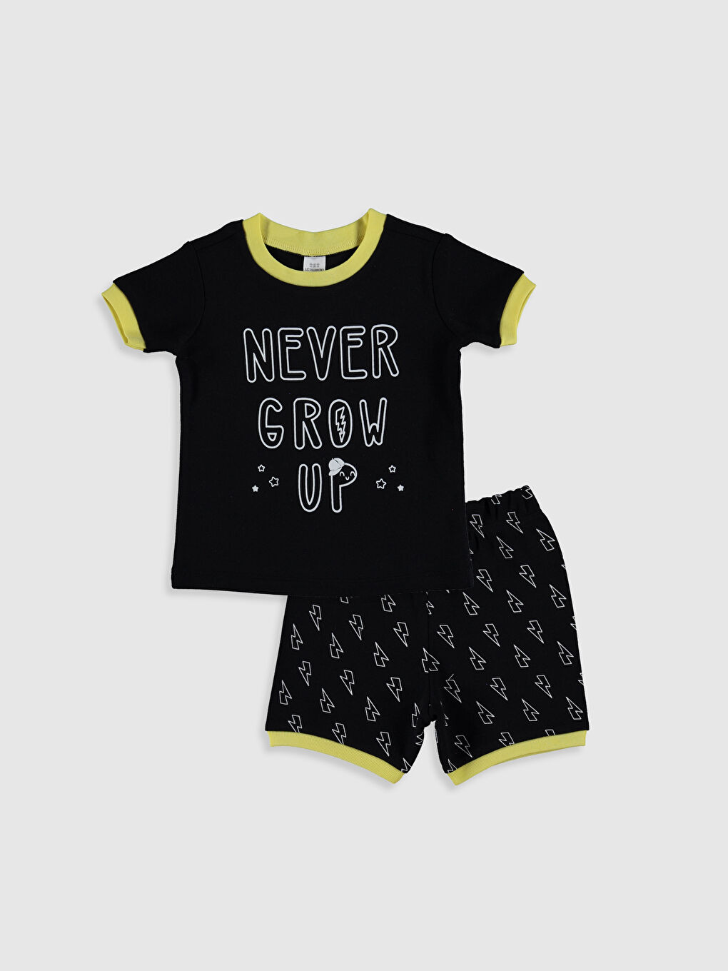 Siyah Bisiklet Yaka Kısa Kollu Baskılı Erkek Bebek Pijama Takım