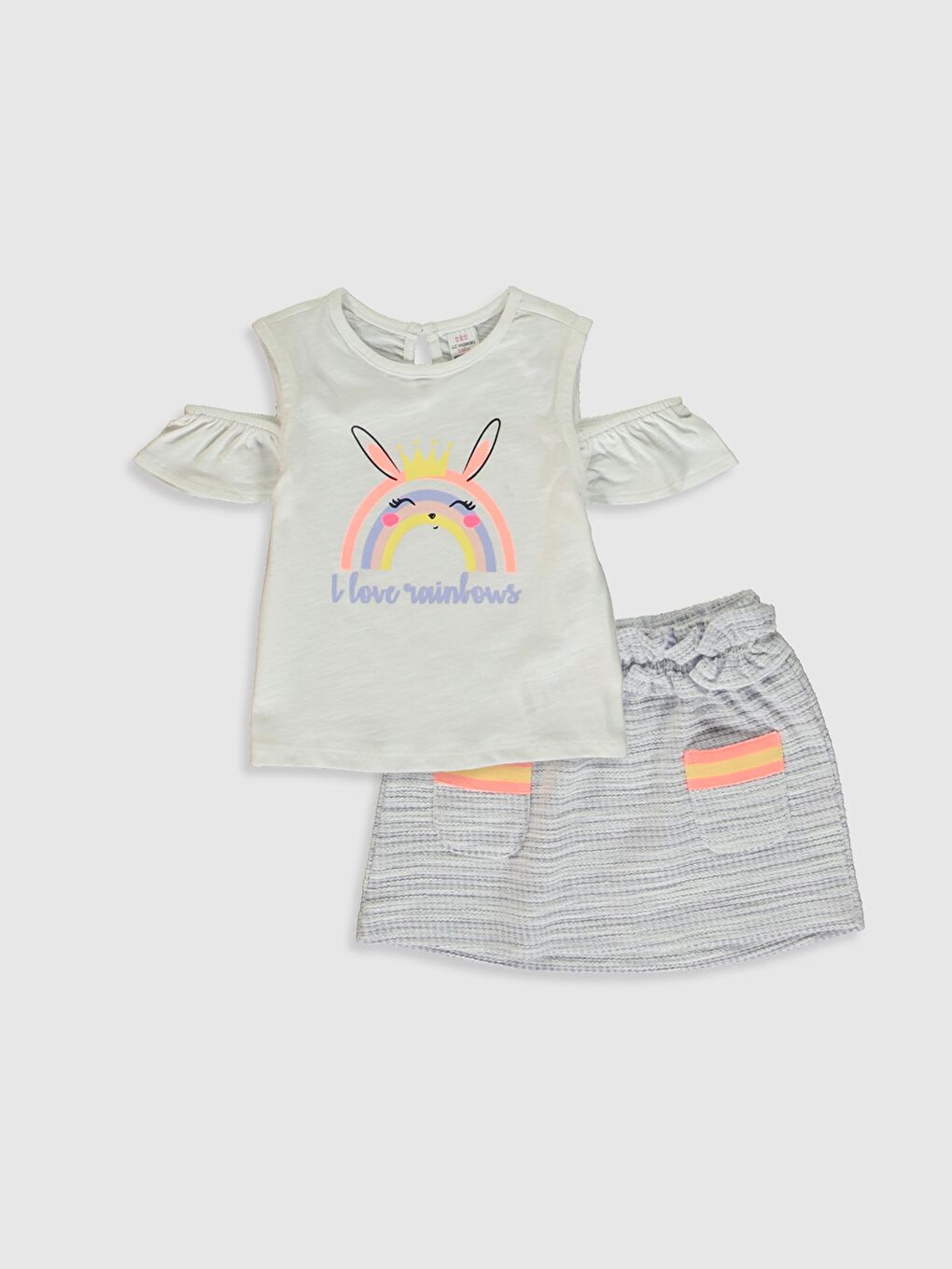 Beyaz Bisiklet Yaka Kısa Kollu Kız Bebek Takım