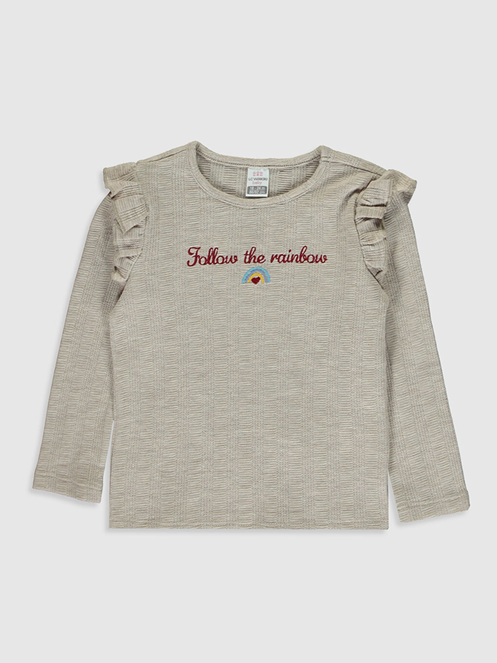 Bej Bisiklet Yaka Uzun Kollu Kız Bebek Tişört