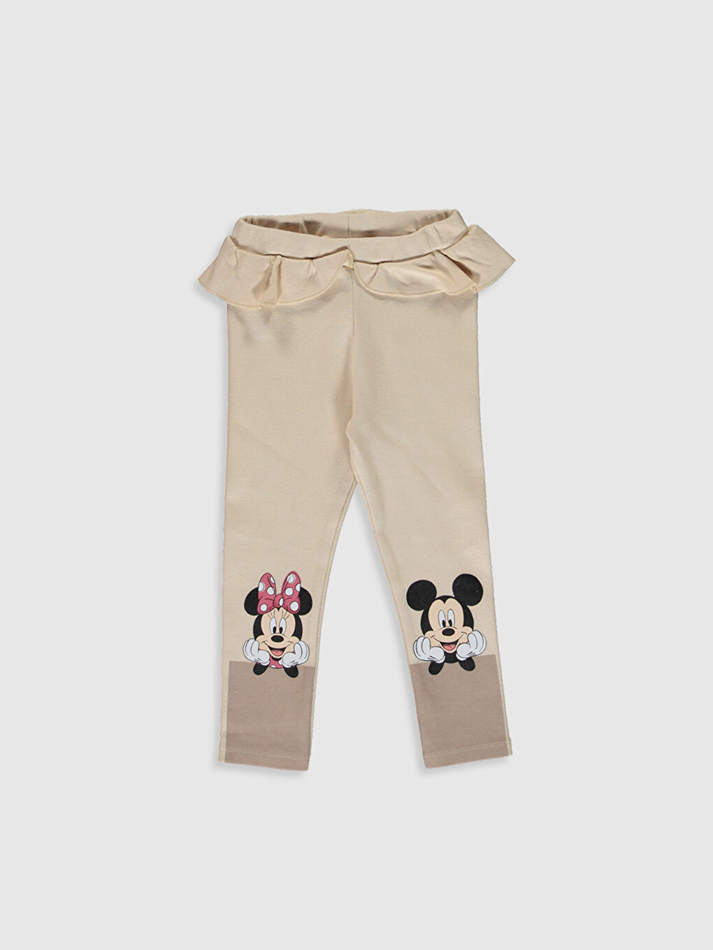 Bej Kız Bebek Minnie ve Mickey Mouse Baskılı Uzun Tayt