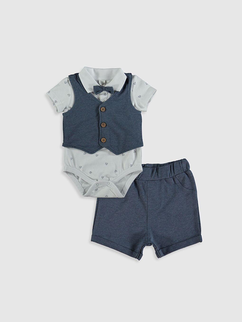 İndigo Gömlek Yaka Kısa Kollu Desenli Erkek Bebek Takım 3'lü