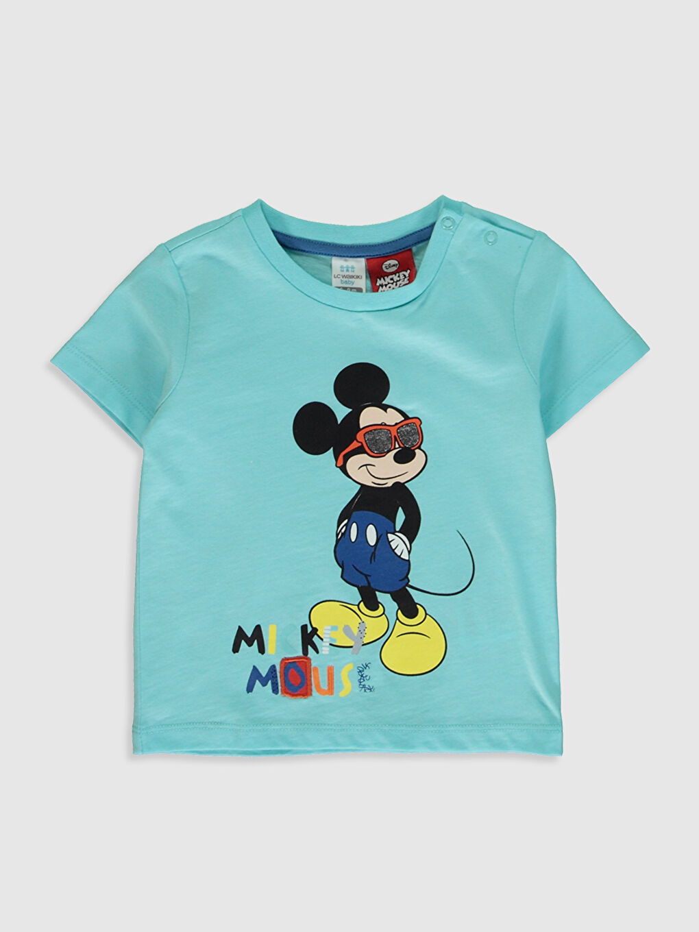 Turkuaz Erkek Bebek Mickey Mouse Baskılı Pamuklu Tişört