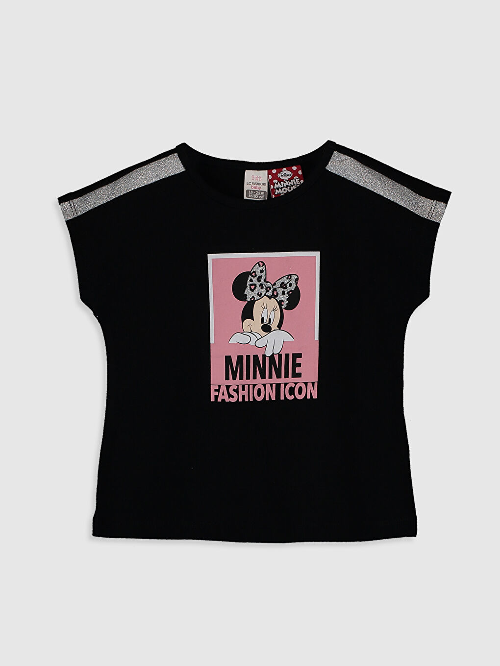 Siyah Bisiklet Yaka Kısa Kol Minnie Mouse Baskılı Pamuklu Kız Bebek Tişört