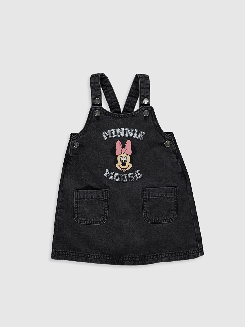 Antrasit Minnie Mouse Baskılı Kız Bebek Jean Elbise