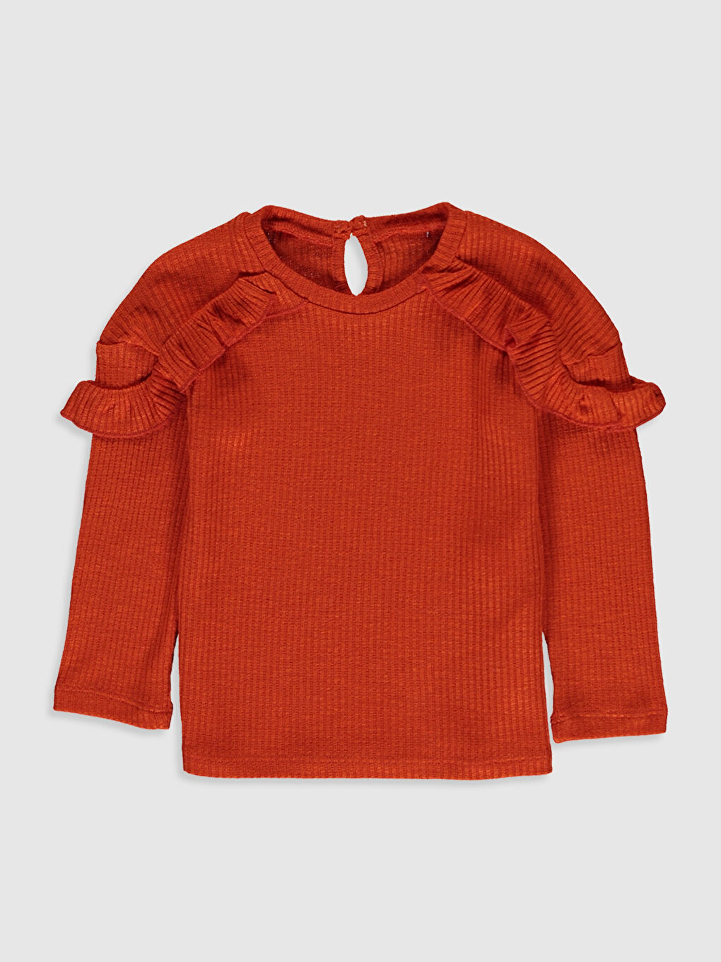 Turuncu Bisiklet Yaka Uzun Kollı Fırfır Detaylı Kız Bebek Tişört