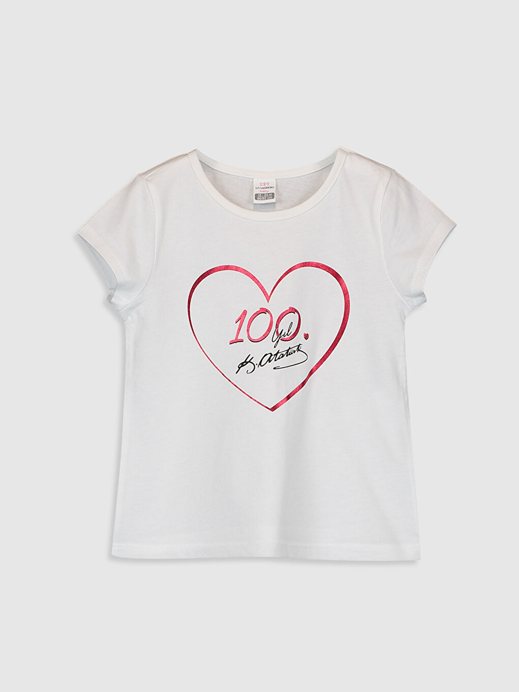 Beyaz Bisiklet Yaka Kısa Kollu Atatürk İmza Baskılı Kız Bebek Tişört