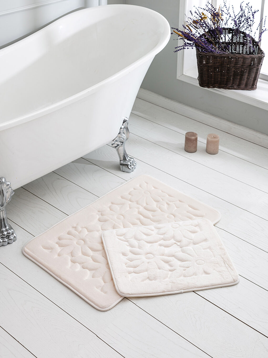 Ekru Kabartmalı Banyo Paspası 2'li