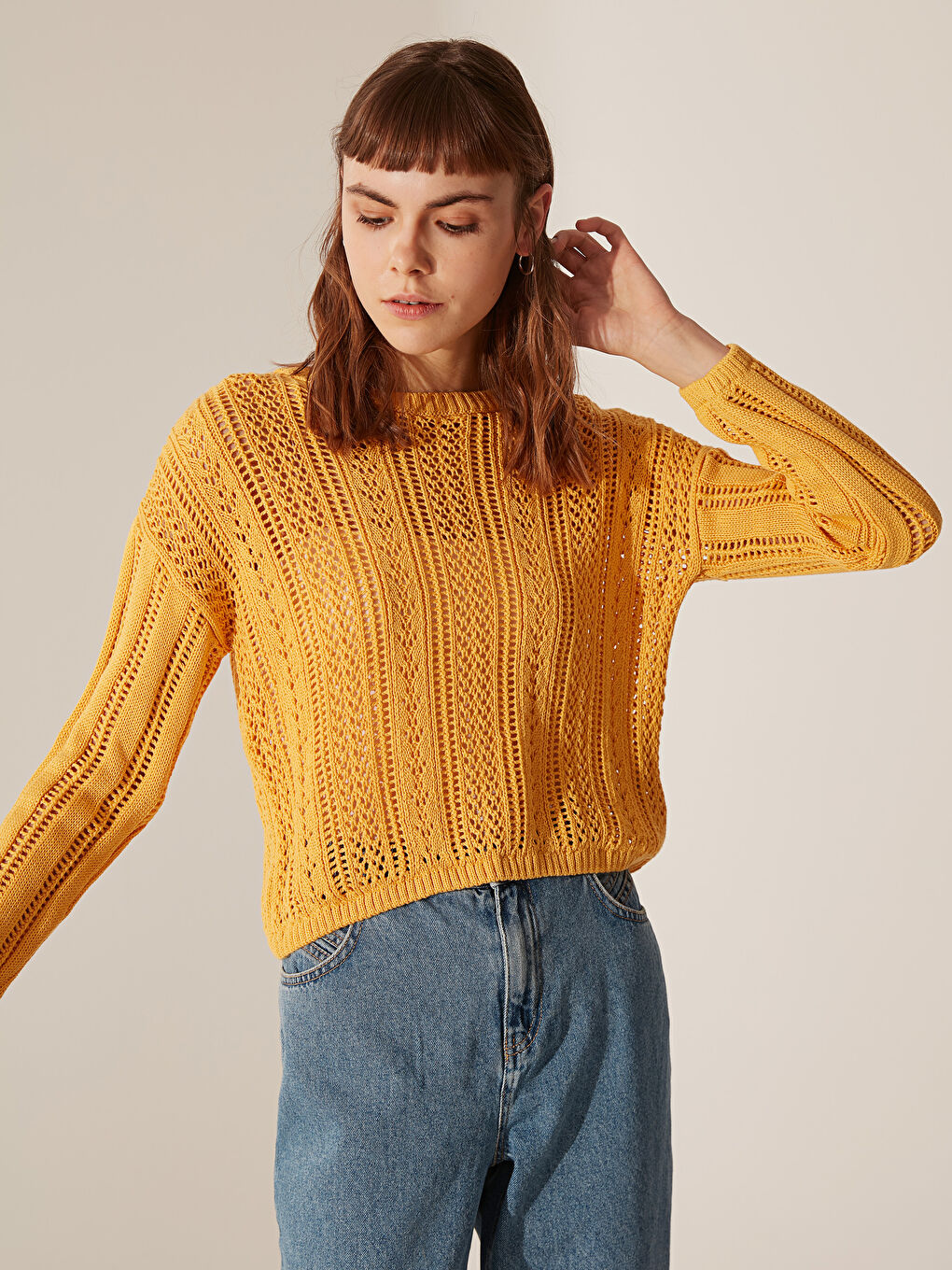 Свитер Женский Трикотажный С Круглым Вырезом, Стандартного Кроя, С Длинным Рукавом И Отверстиями-1