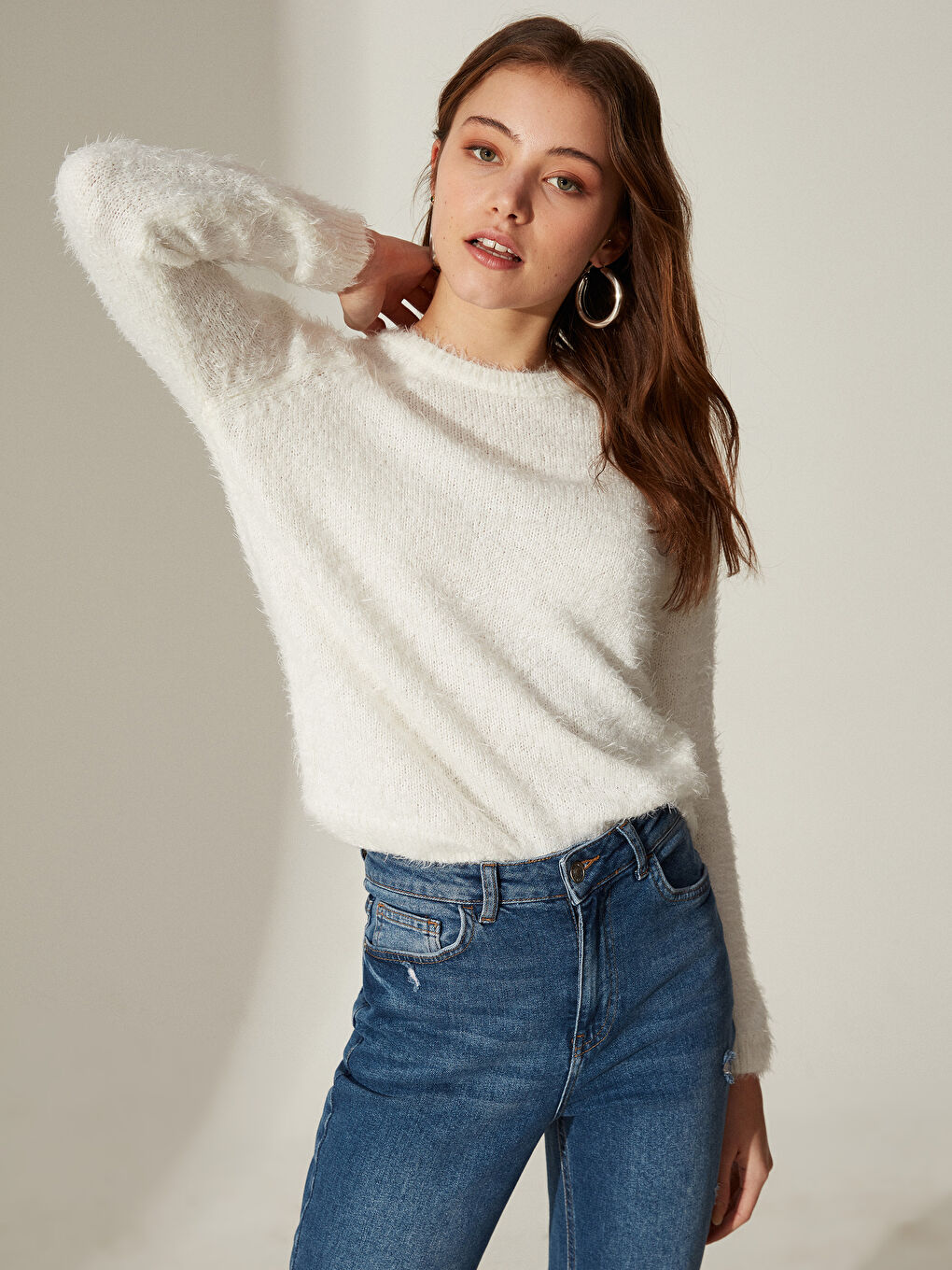 سترة تريكو كم طويل عادي بياقة دائرية للسيدات-2