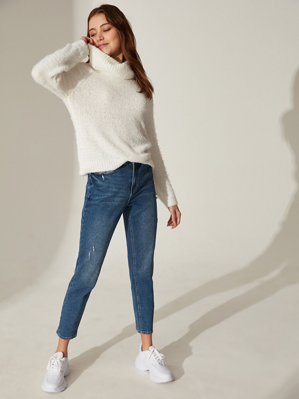 Degaje Yaka Düz Uzun Kollu Kadın Triko Kazak-2