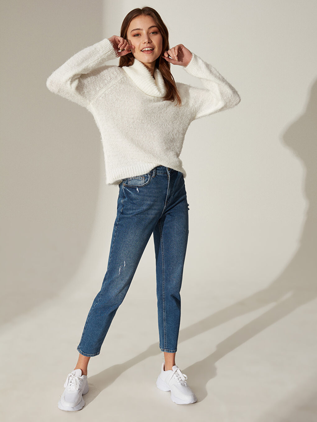 Degaje Yaka Düz Uzun Kollu Kadın Triko Kazak-4