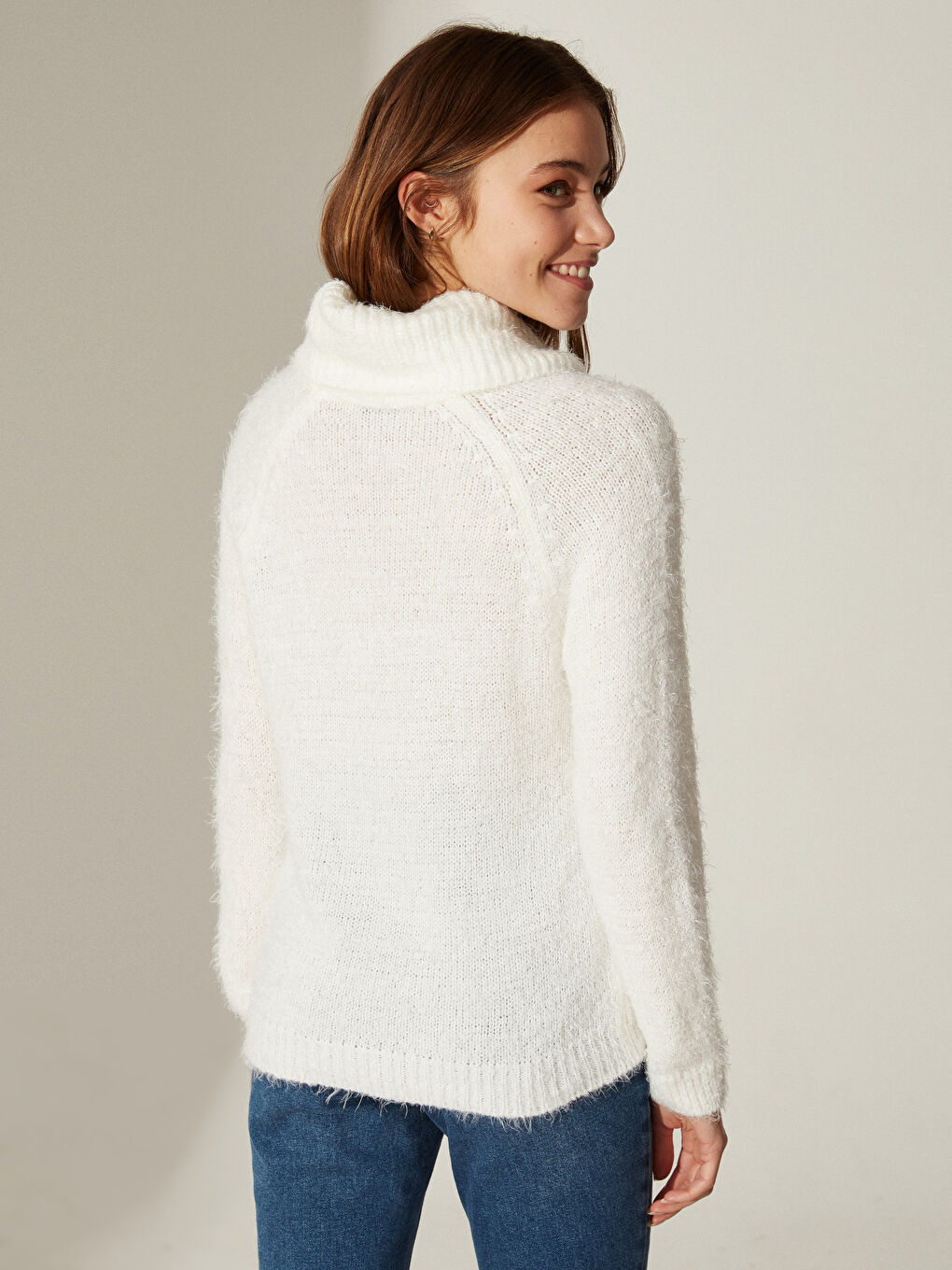 Degaje Yaka Düz Uzun Kollu Kadın Triko Kazak-3