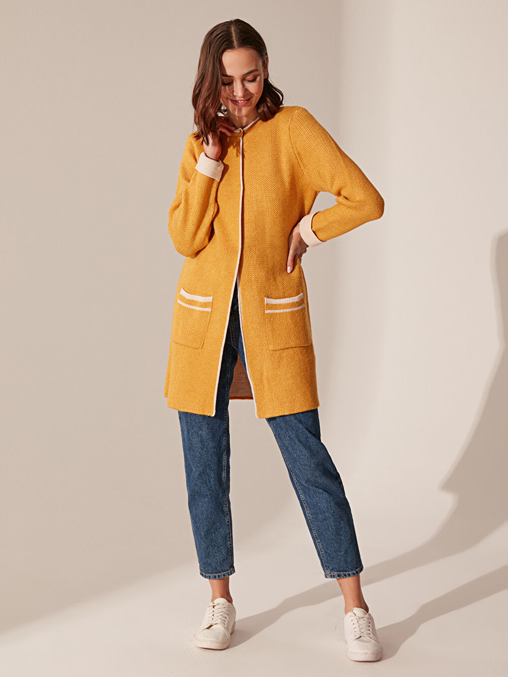 Кардиган для жінок з круглим вирізом горловини та довгим рукавом-1