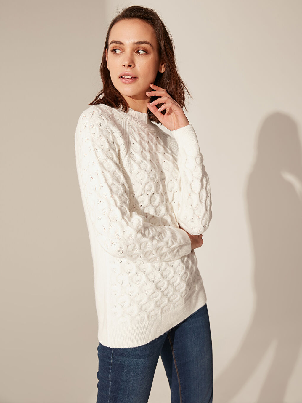 Ekru Yarım Balıkçı Yaka Uzun Kollu Kadın Kazak-2