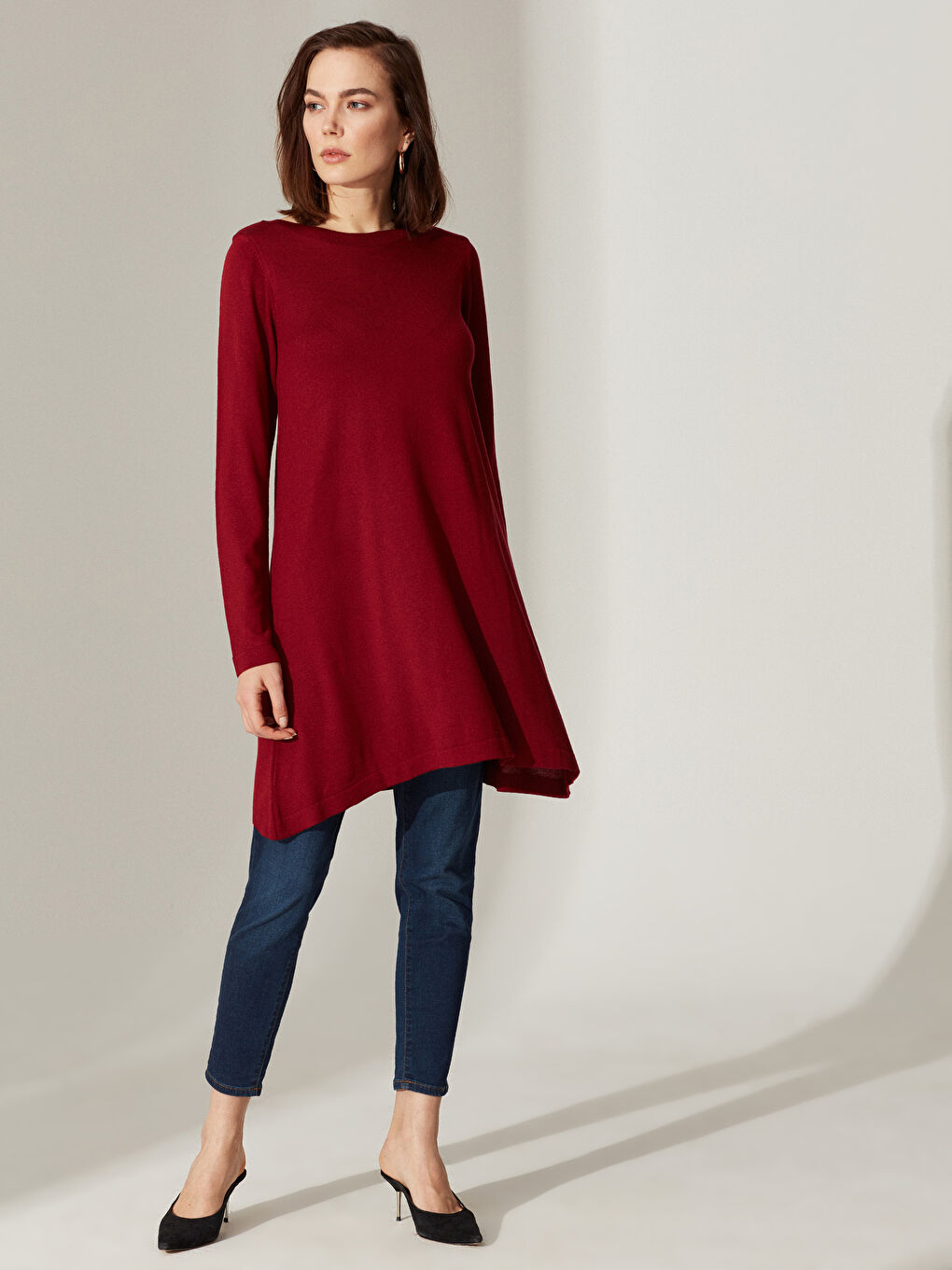 Bordo Kayık Yaka Uzun Kollu Kadın Tunik-2