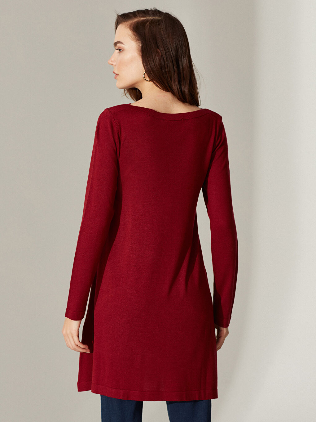 Bordo Kayık Yaka Uzun Kollu Kadın Tunik-3