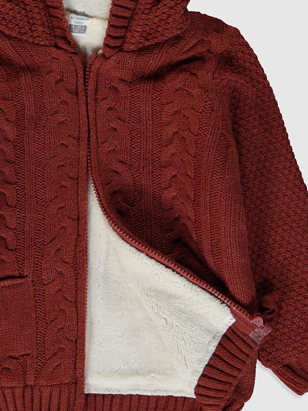 Turuncu Kapüşonlu Uzun Kollu Kendinden Desenli Erkek Bebek Fermuarlı Triko Hırka-2