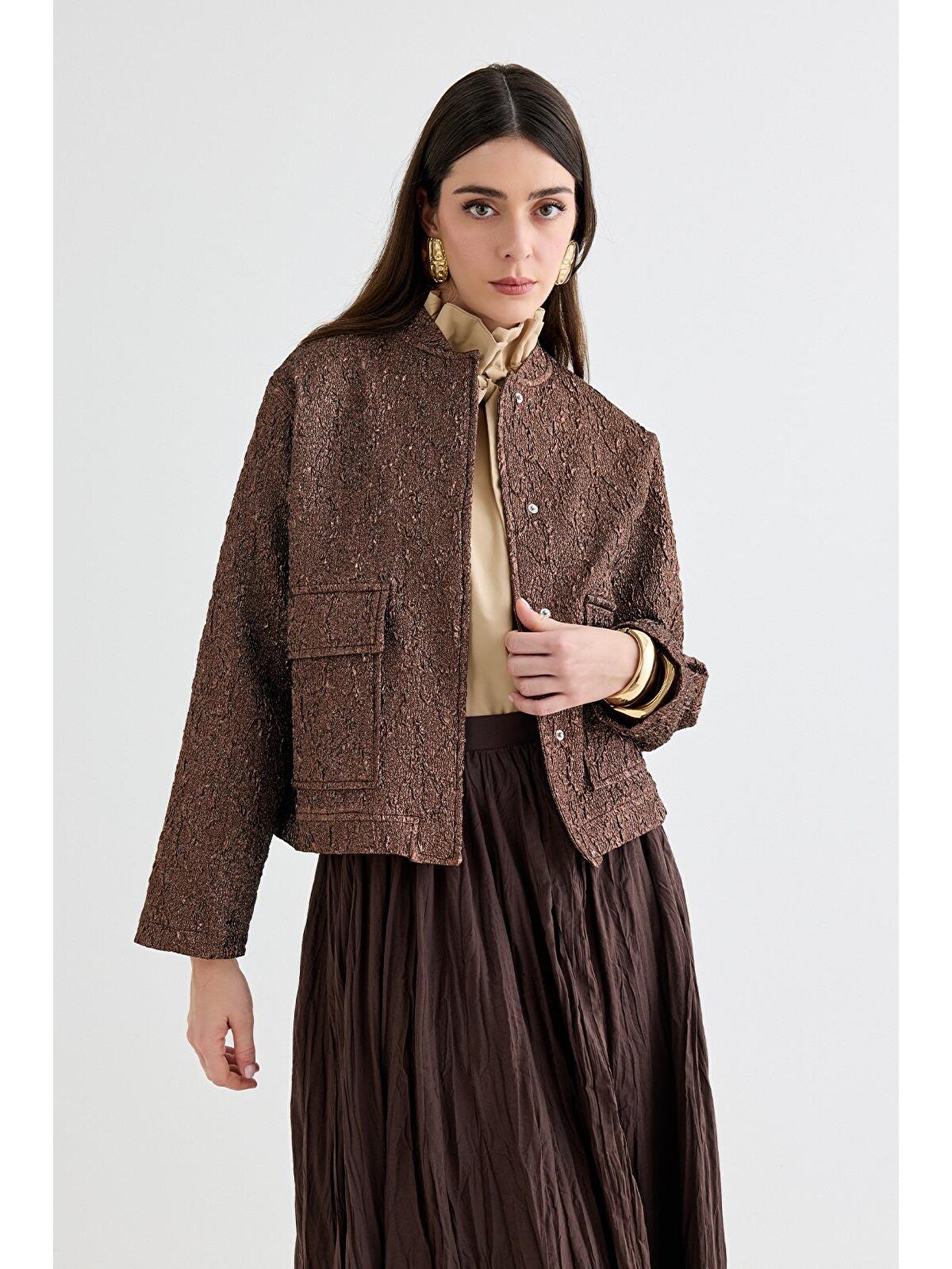 Kadriye Baştürk Kahverengi Denia Jakar Midi Bomber Ceket Mocha