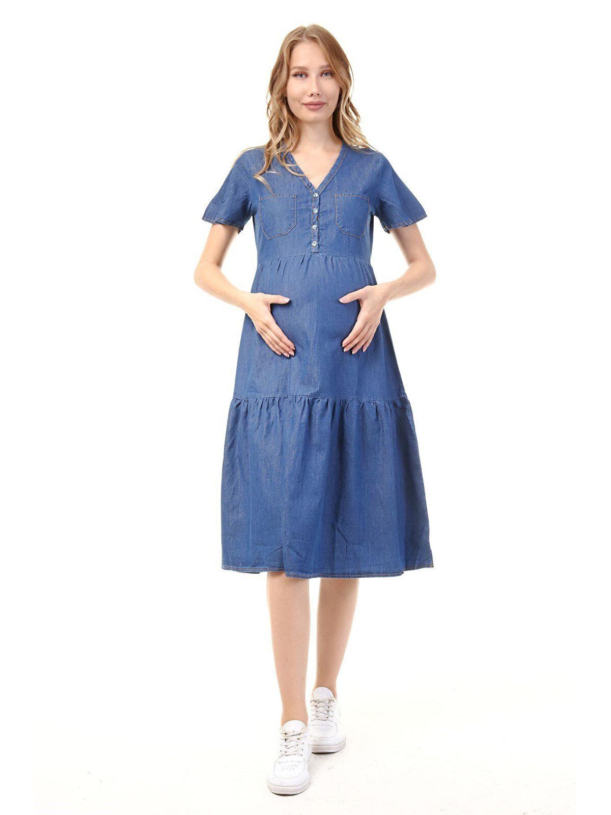 Luvmabelly Kadın Düğmeli Ve Cepli Denim Hamile Elbise
