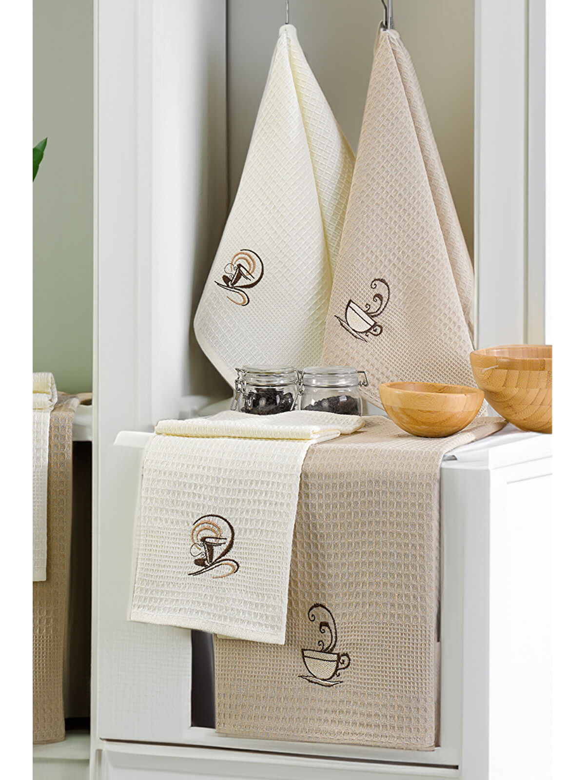 UPSTYLE 6'lı Nakışlı Kurulama Peçetesi Seti 40x60 cm Kahve %100 Pamuk Yumuşak ve Emici