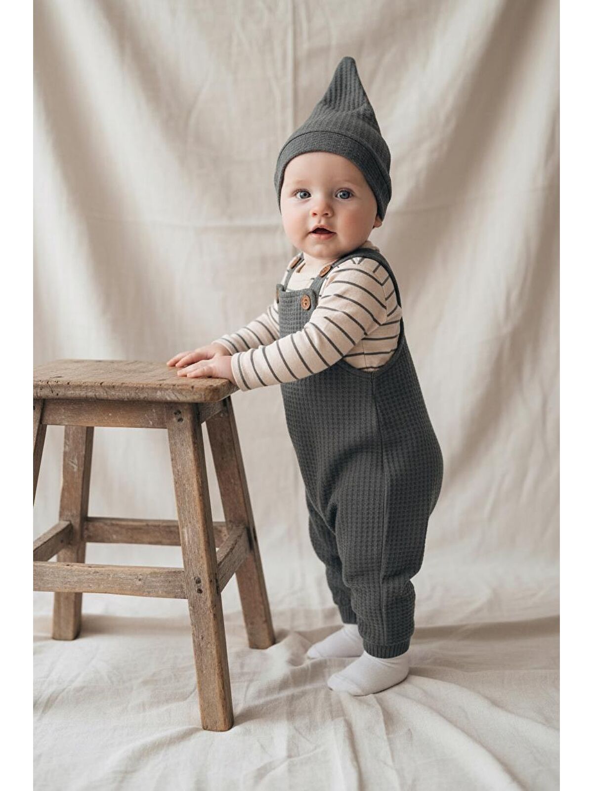 Miababy Elastanlı Gofre Salopet Sweat Bere 3lü Takım