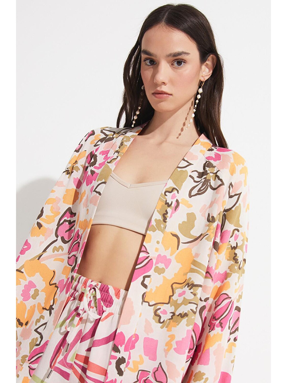 June Fuşya Kadın Exclusive Çiçek Desenli Keten Karışımlı Kimono