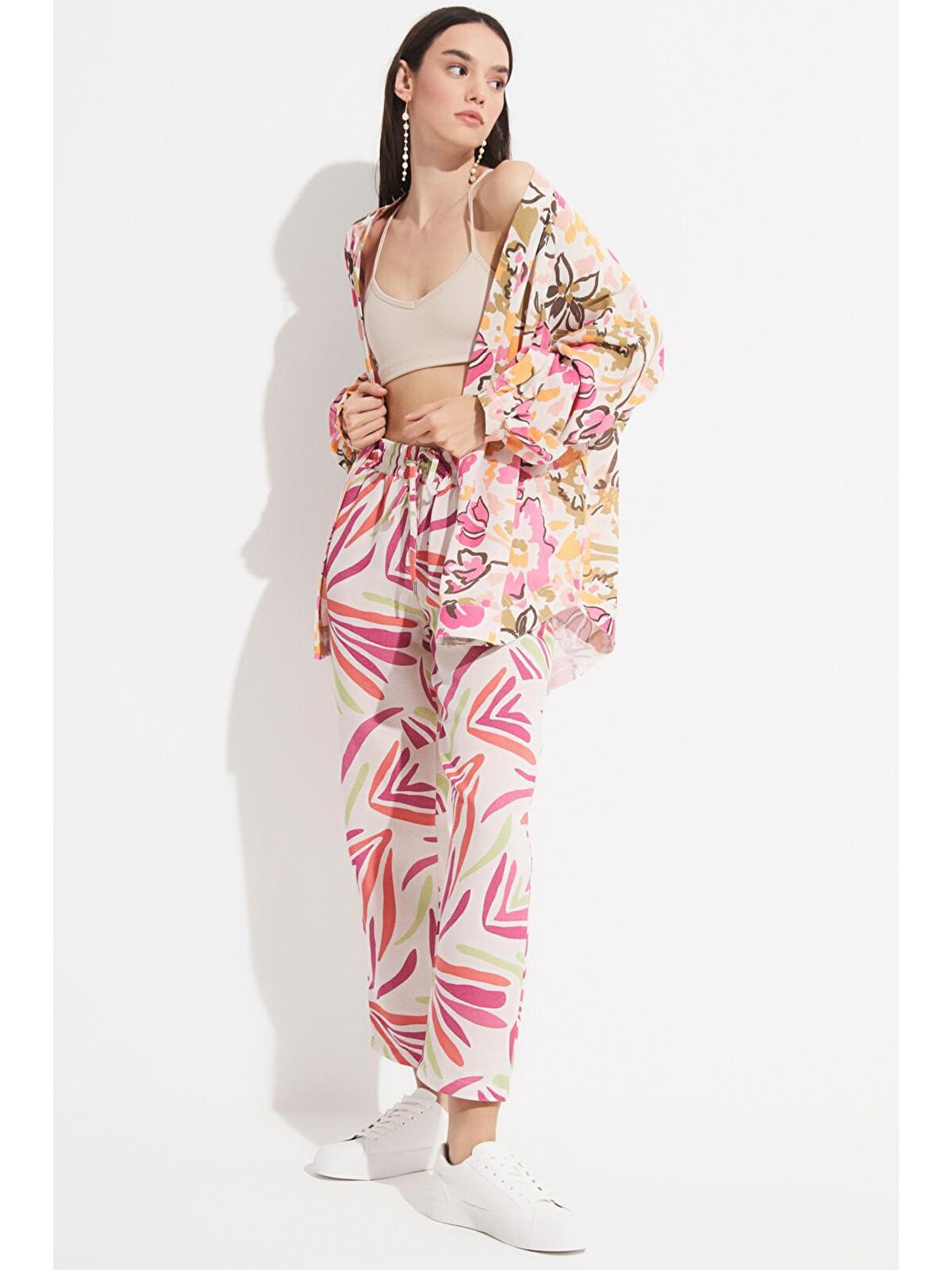 June Fuşya Kadın Exclusive Çiçek Desenli Keten Karışımlı Kimono