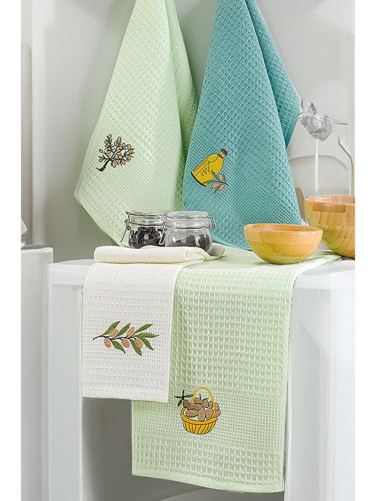 UPSTYLE 6'lı Nakışlı Kurulama Peçetesi Seti 40x60 cm Zeytin %100 Pamuk Yumuşak ve Emici