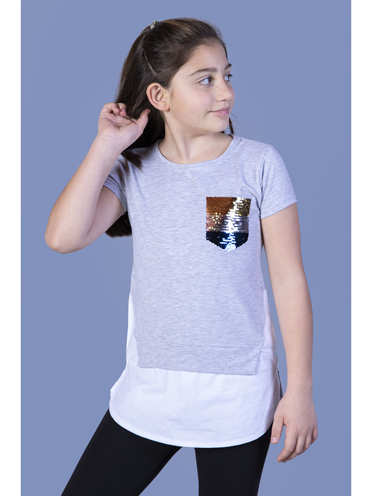 Toontoykids Kız Çocuk Göğsü Cepli Pul Nakışlı Tişört