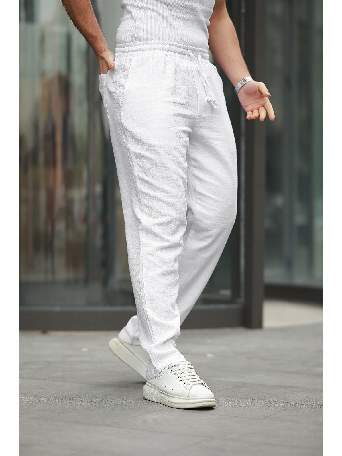 Comstar Beyaz Keten Karışımlı Düz Düz Paça Erkek Jogger Pantolon