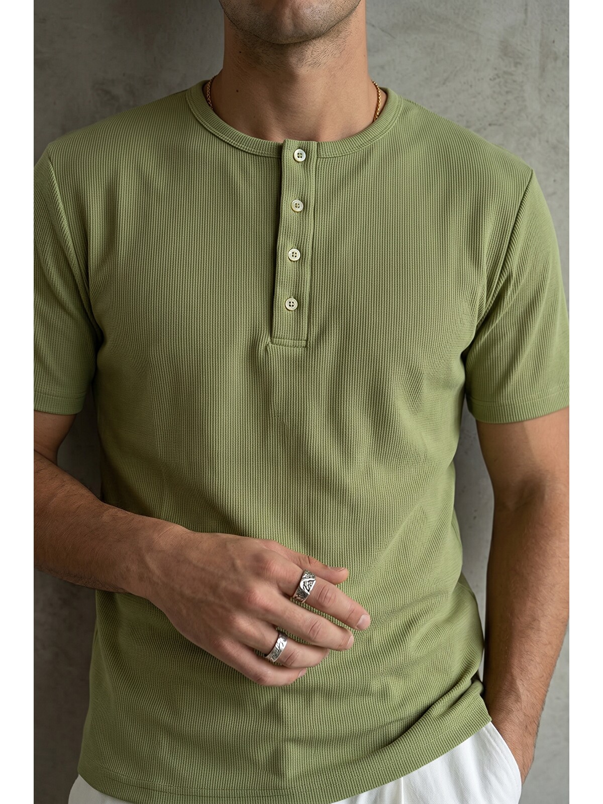 Livio Ferri Yeşil Liiri %100 Pamuk Premium Fitilli Henley Yaka