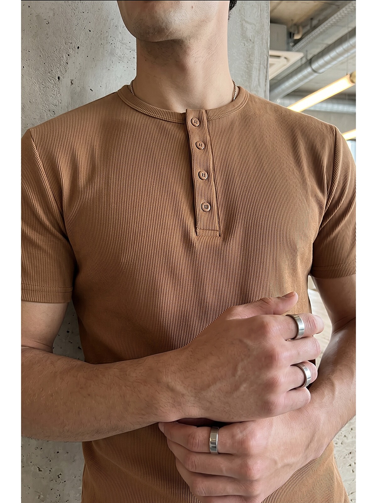 Livio Ferri Kahverengi Liiri %100 Pamuk Premium Fitilli Henley