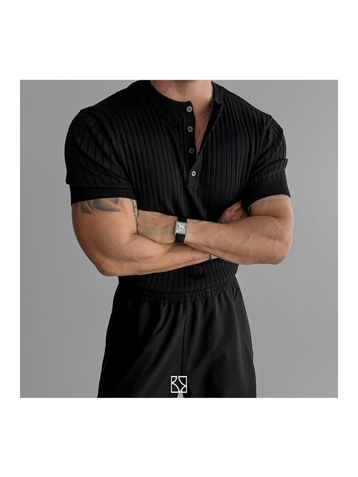 Tarz Cool Siyah Erkek Hakim Yaka Düğmeli Triko Tişört - S000536297