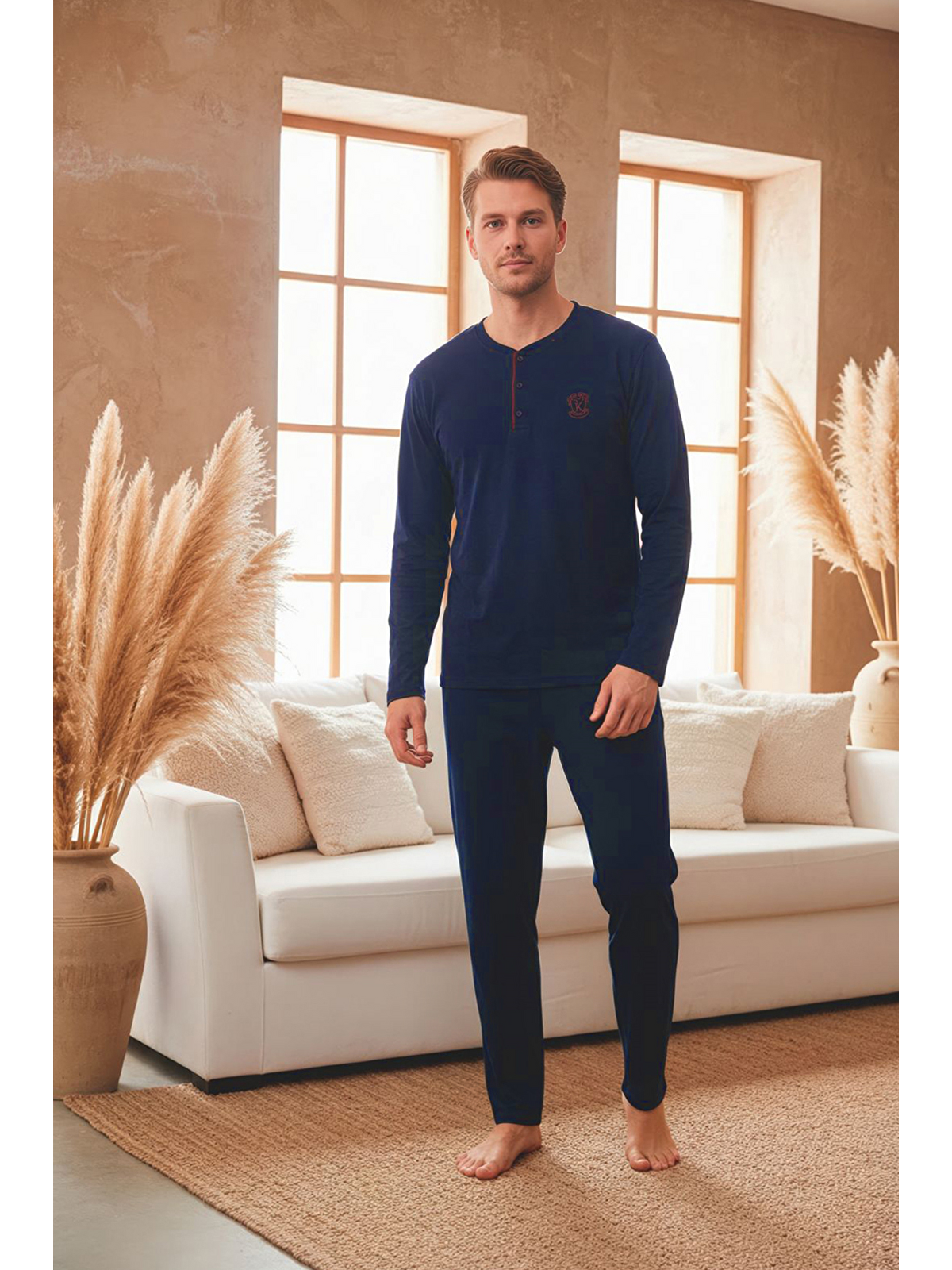 Kompedan Erkek Uzun Kollu 4 Mevsim Penye Süprem Önü Patlı Pijama Takımı | Lacivert 802