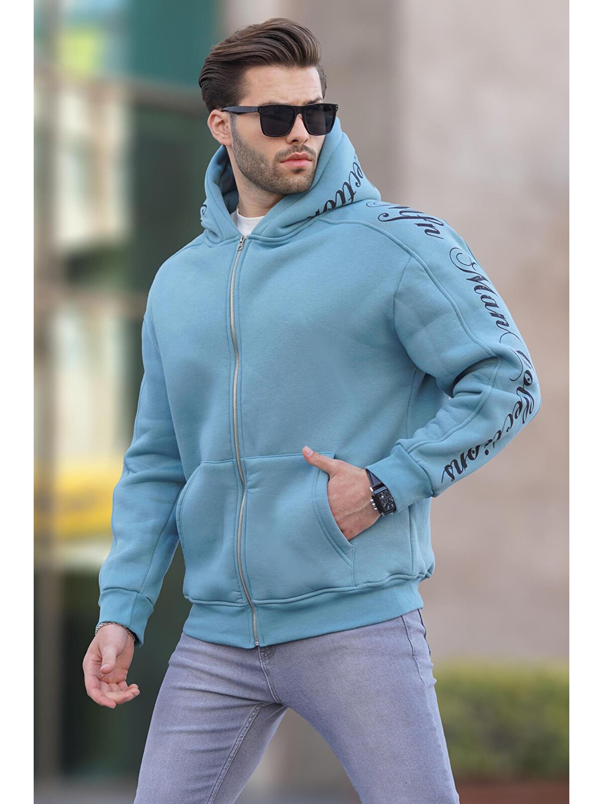 Madmext Mavi Polar Baskılı Erkek Fermuarlı Sweatshirt - S000440194