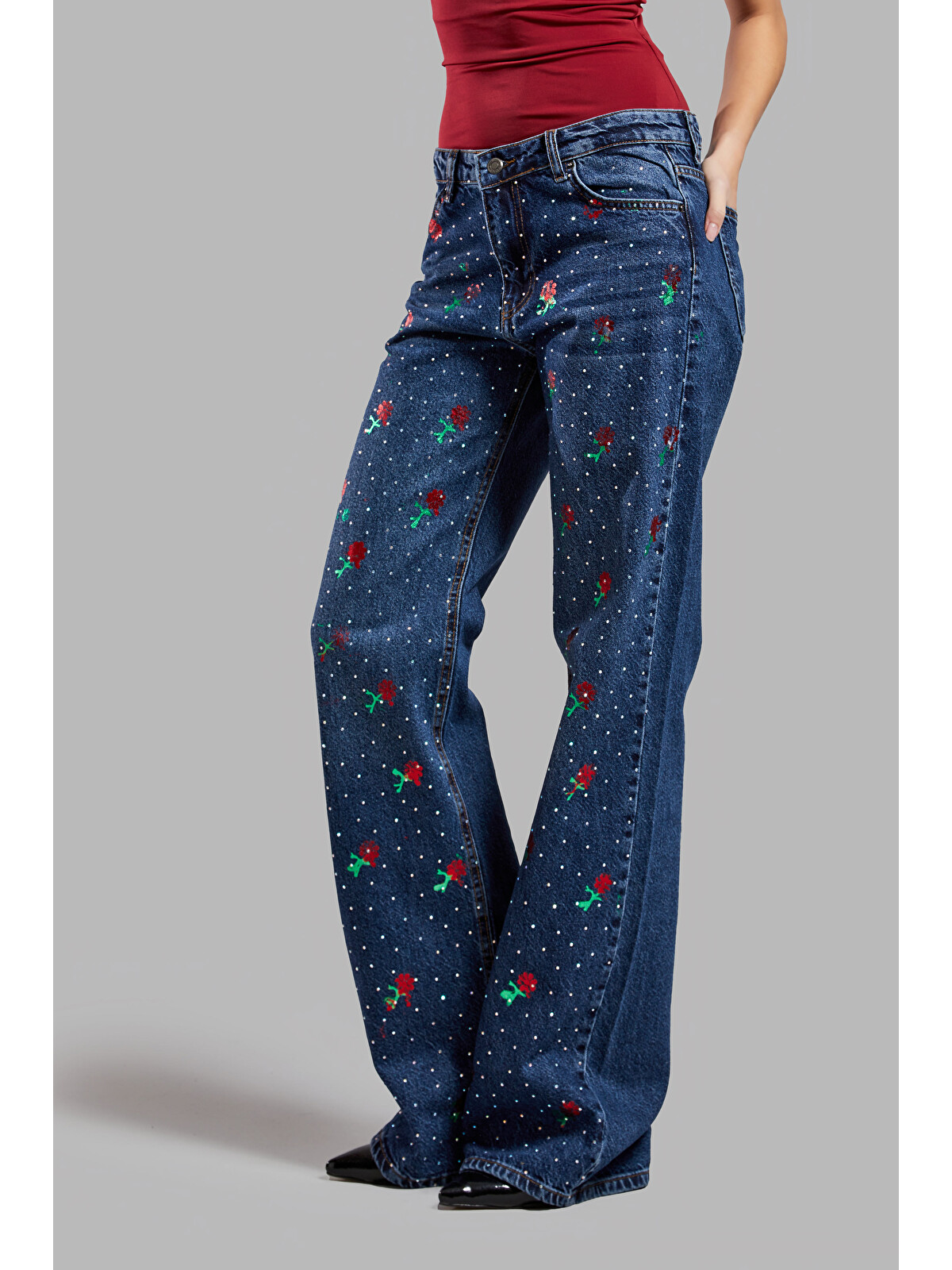 It's Basic Mavi Kadın Jean Rengi T2w48 Çiçek Baskılı Parlak Taşlı