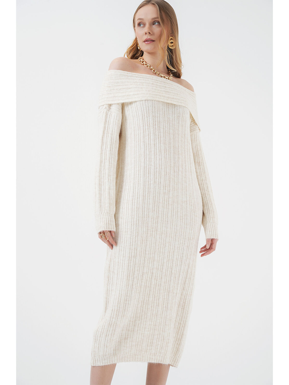 Bigdart 15920 Madonna Yaka Oversize Triko Elbise - Ekru