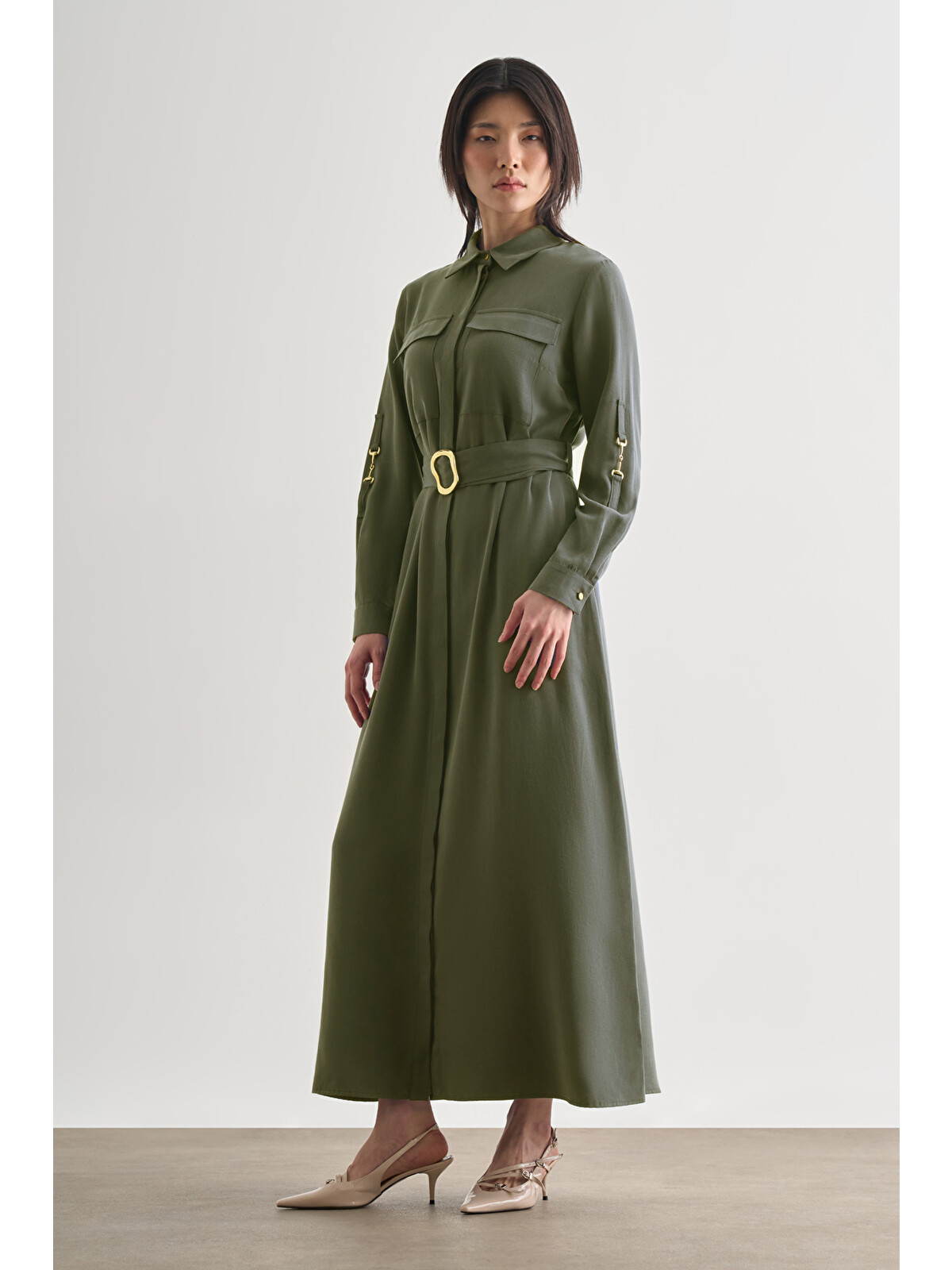Mizalle Çift Cepli Uzun Kemerli Haki Safari Elbise - S000375819