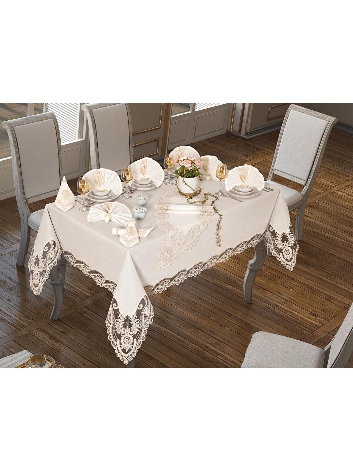 Çeyiz Diyarı İhtişam Masa Örtüsü 160x260 Cm 26 Parça Krem