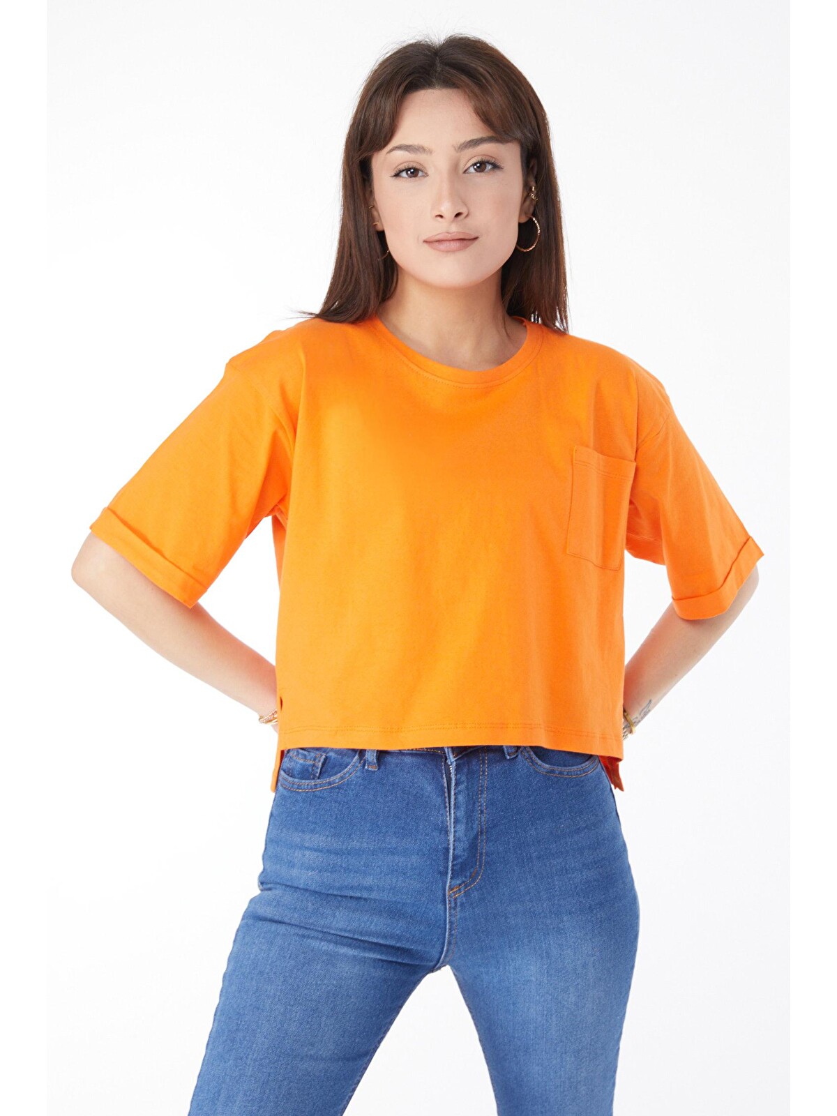 Tofisa Bisiklet Yaka Kadın Turuncu Cepli Yırtmaçlı T-Shirt - 24790