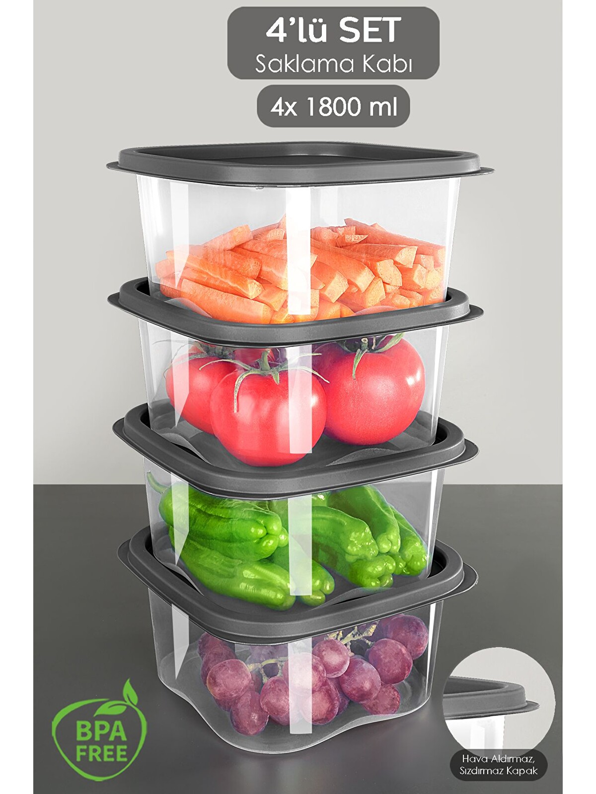 Meleni Home Gri 4 Adet Kare Erzak Gıda Saklama Kabı 1800 ml