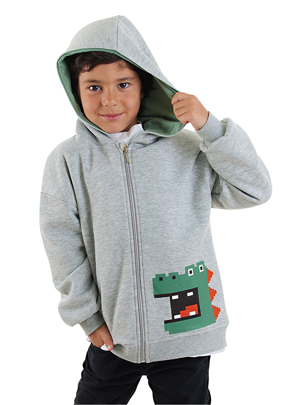 Denokids Gri Dinozor Erkek Çocuk Fermuarlı Kapüşonlu Sweatshirt