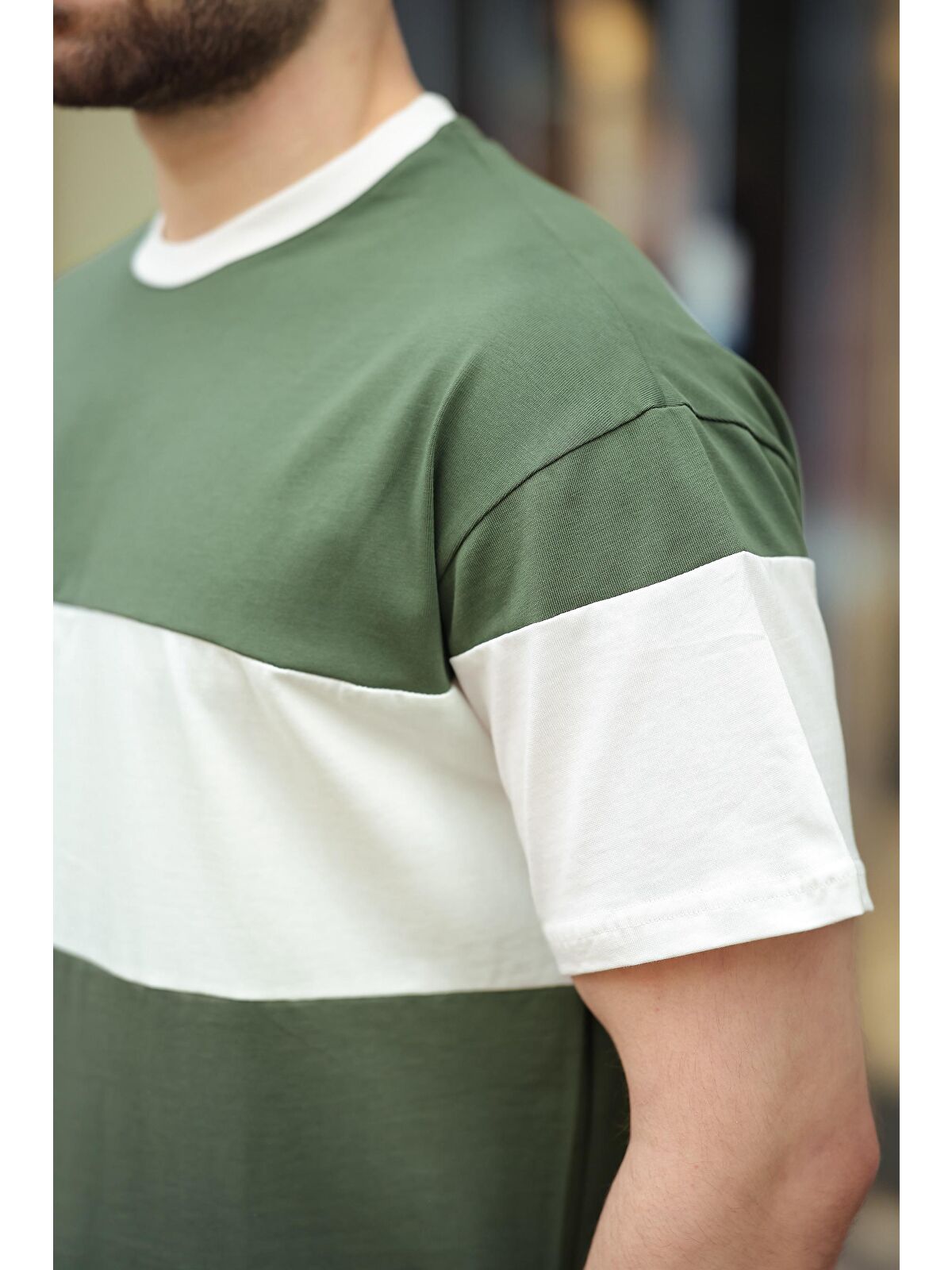 Madmext Haki Oversize Renk Bloklu Bisiklet Yaka %100 Pamuk Tişört