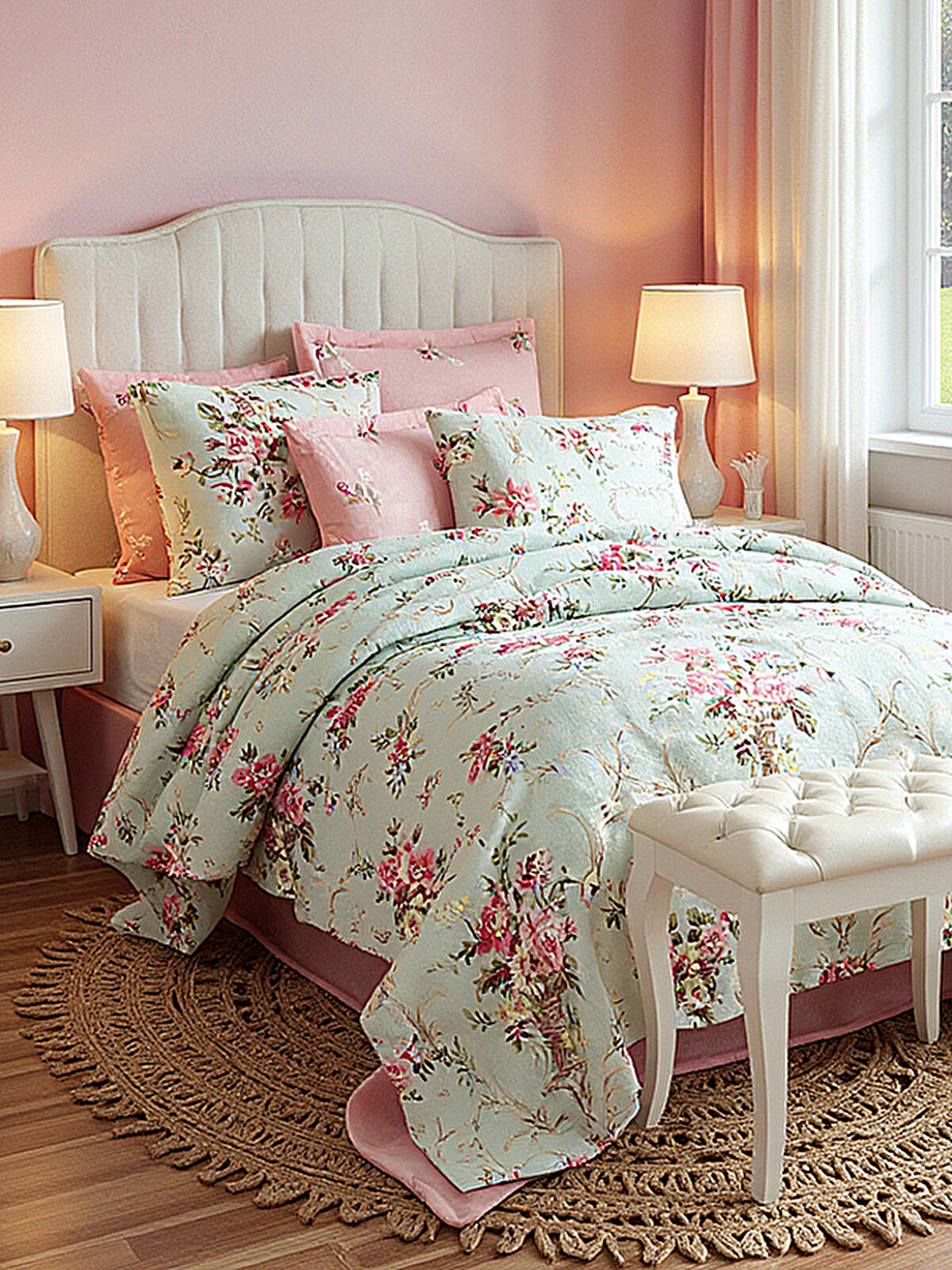 UPSTYLE King Size Pike Mint Baskı - %100 Doğal Pamuk (240x230 cm)