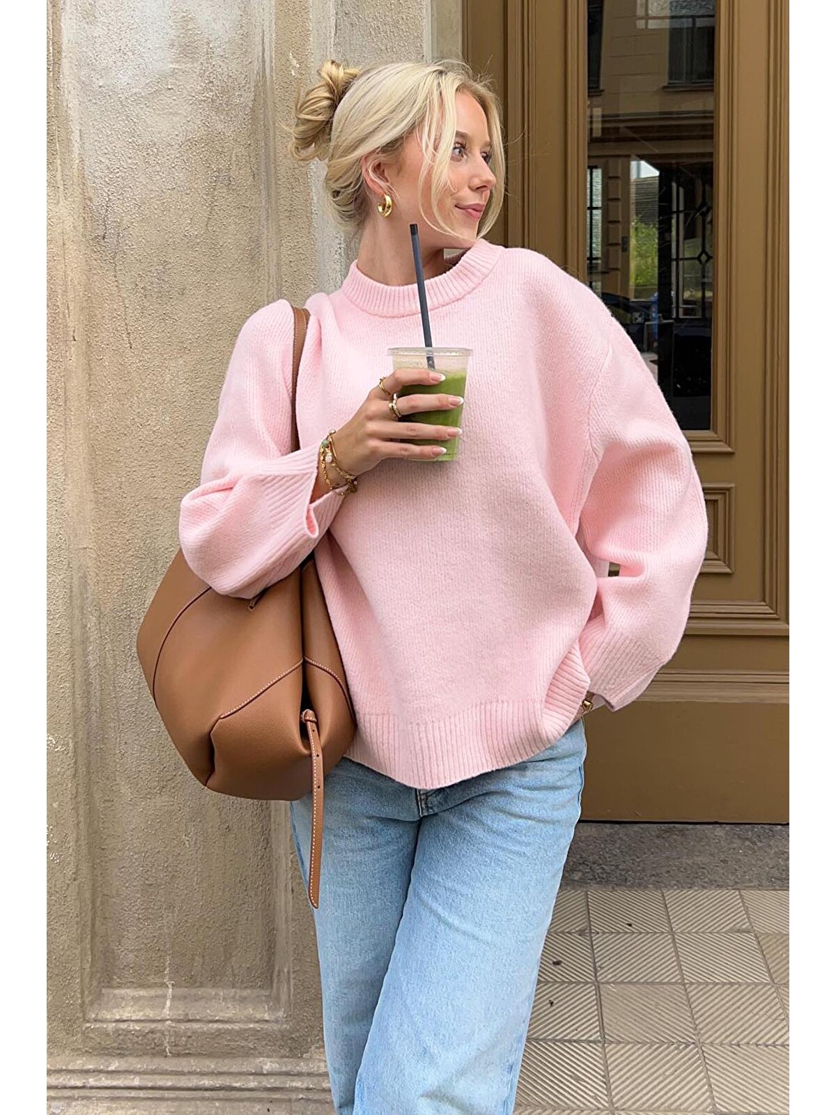 Madmext Pembe Bisiklet Yaka Oversize Triko Kazak Mg1969