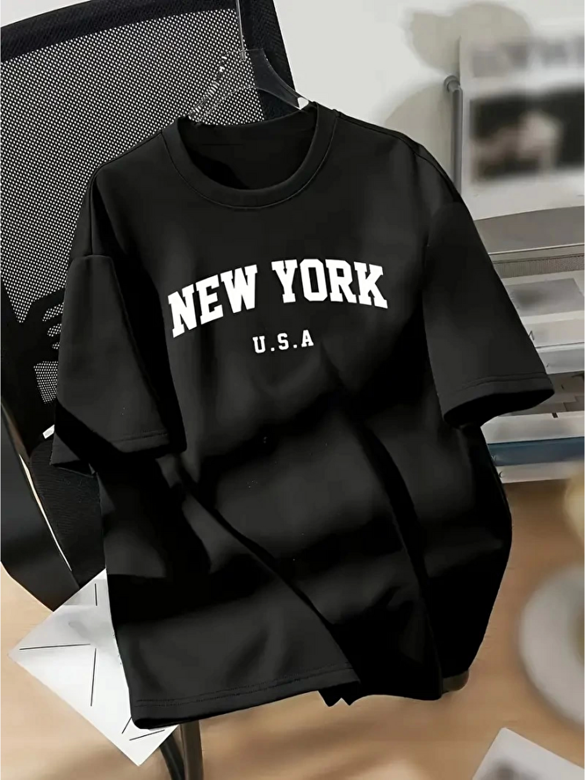 Jane's New York Baskılı Oversize Bisiklet Yaka T-shirt - Siyah
